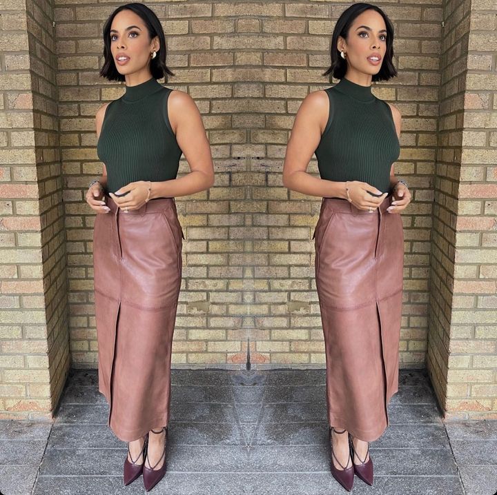 where to get all Rochelle Humes This Morning outfits tan leather midi skirt green sleeveless ribbed knit top burgundy court shoes 21 November 2023 Photo Amber Jackson