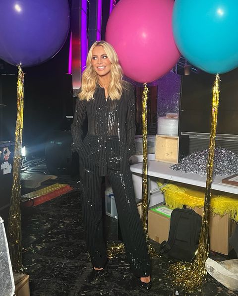 where to get all Tess Daly Strictly Come Dancing outfits black striped sequin shirt and trousers sparkly court shoes 26 November 2023 Photo Tess Daly
