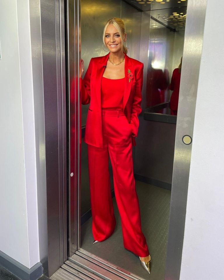 where to get all Tess Daly Strictly Come Dancing outfits red satin trouser suit red vest metallic court shoes 11 November 2023 Photo Tess Daly