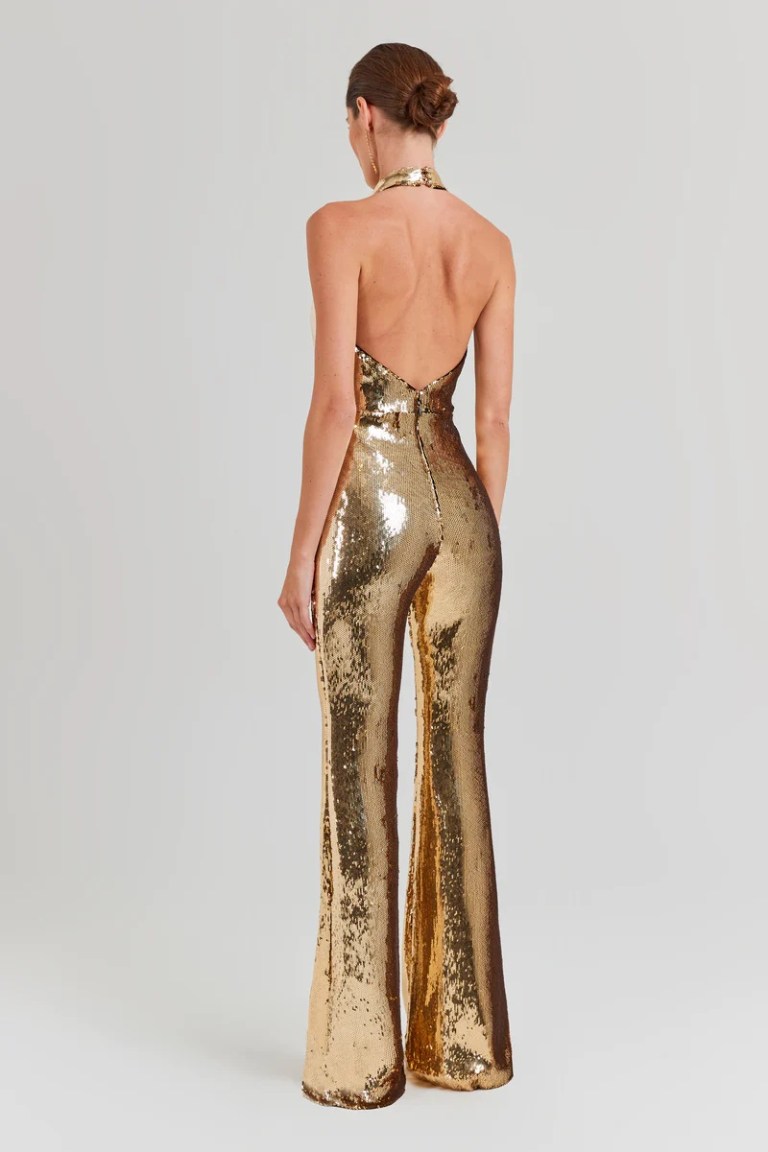 Nadine Merabi Tianna Gold Jumpsuit back view