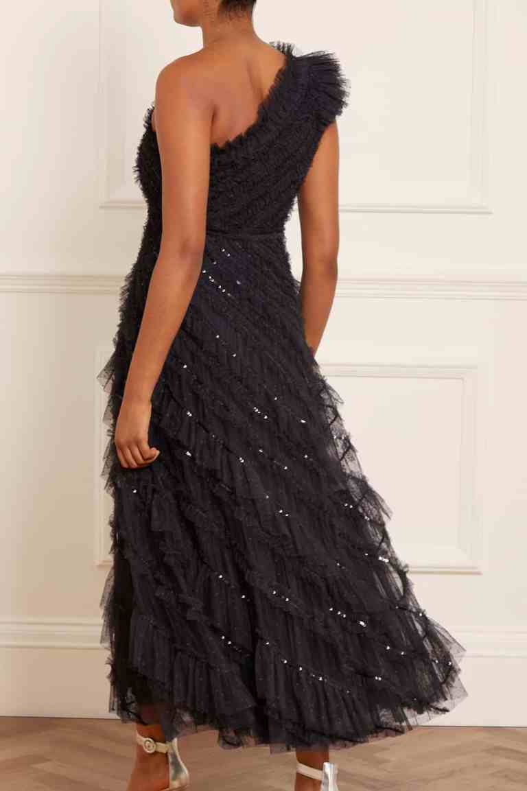 Needle and Thread Spiral Sequin One-Shoulder Ankle Gown back view