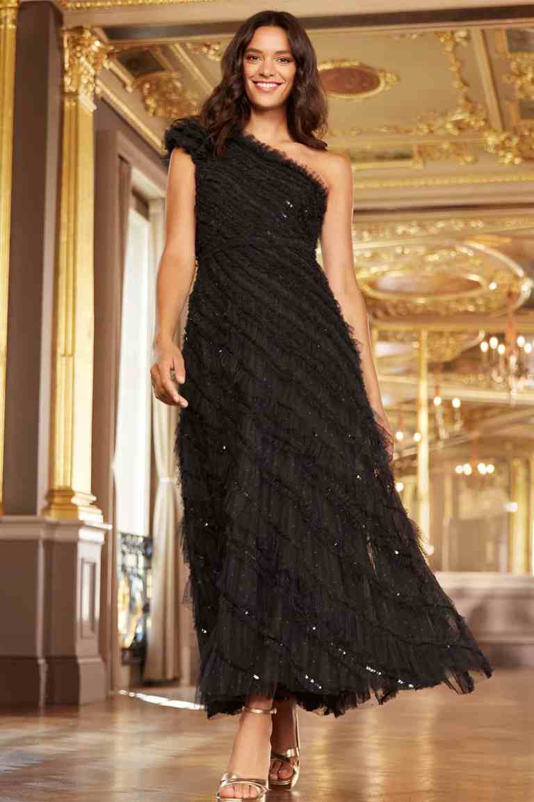 Needle and Thread Spiral Sequin One-Shoulder Ankle Gown