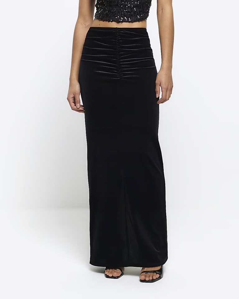 River Island Black Velvet Ruched Bodycon Maxi Skirt