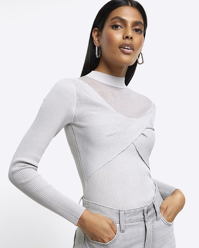 River Island Silver Mesh Detail Long Sleeve Top