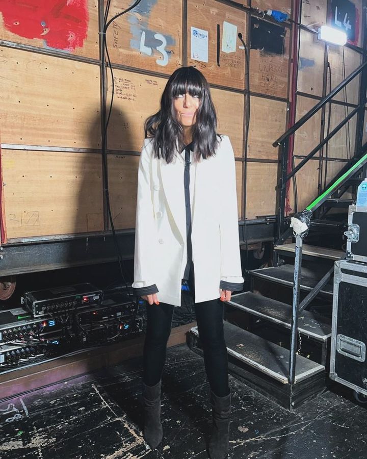 where to get all Claudia Winkleman Strictly Come Dancing outfits white blazer white tipped shirt black trouser10 9 December 2023 Photo Claudia Winkleman