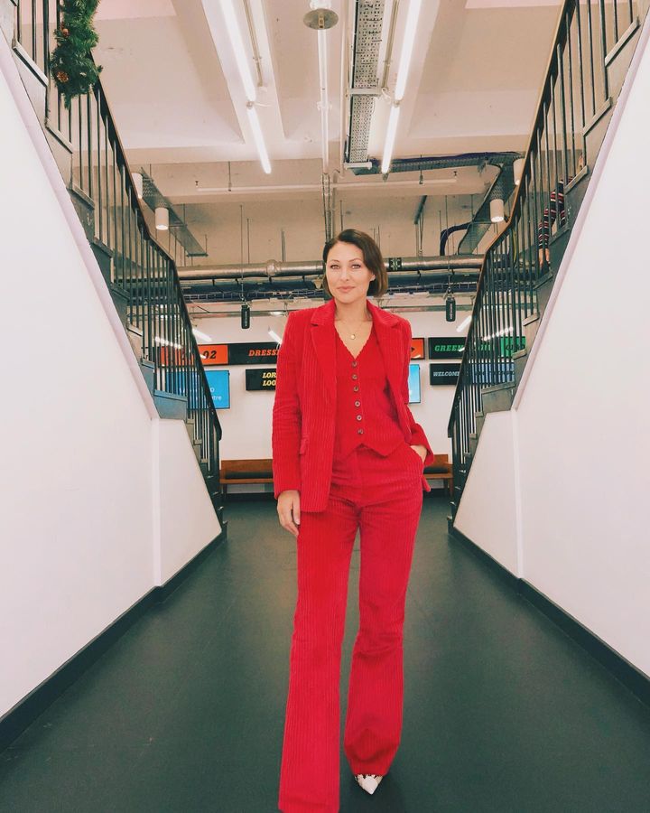 where to get all Emma Willia This Morning outfits red corduroy 3 piece suit 28 December 2023 Photo Beki Griffiths