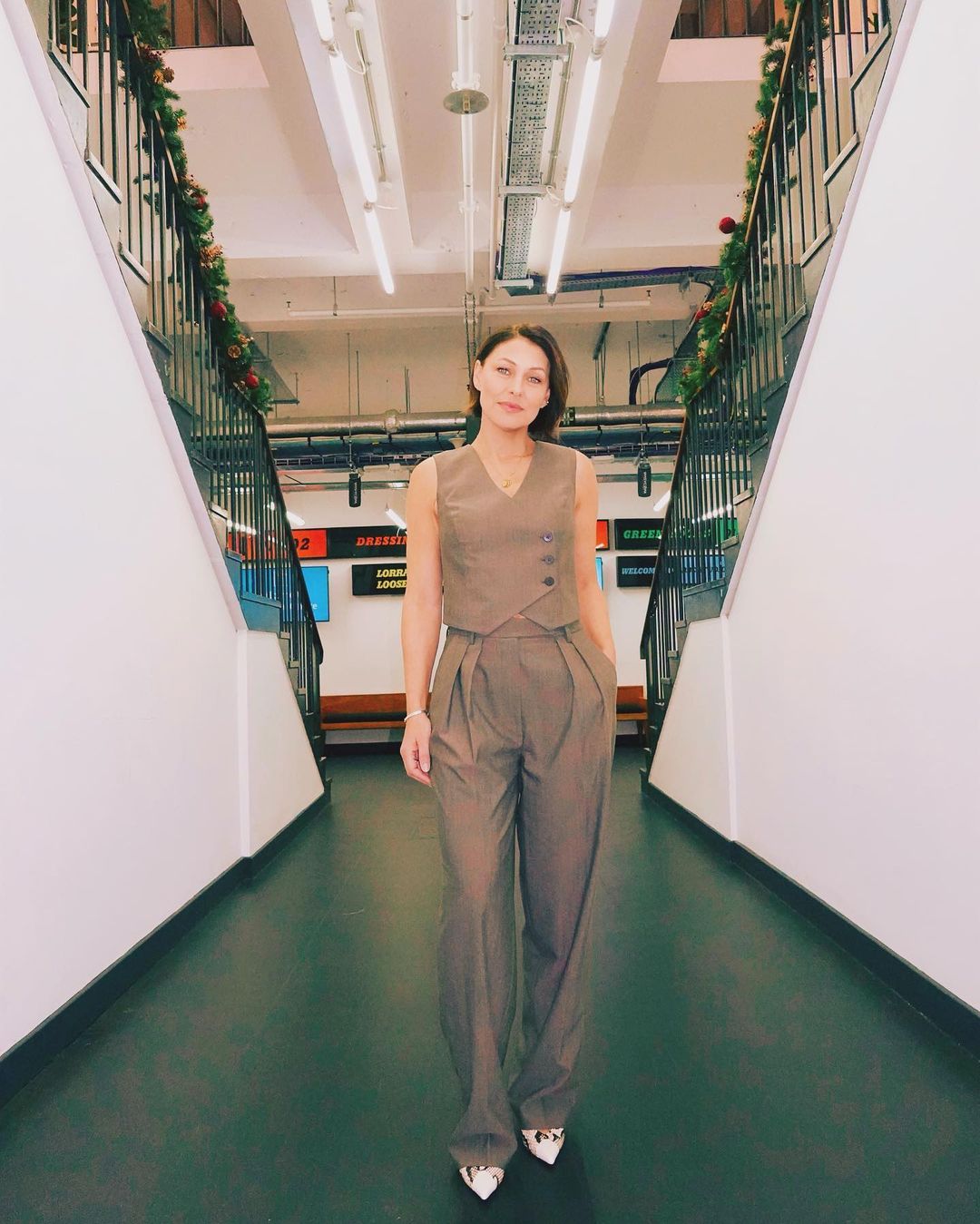 where to get all Emma Willis This Morning outfits brown waistcoat and trousers 7 December 2023 Photo Beki Griffiths