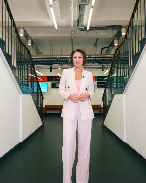 where to get all Emma Willis This Morning outfits pale pink trouser suit 6 December 2023 Photo Beki Griffiths
