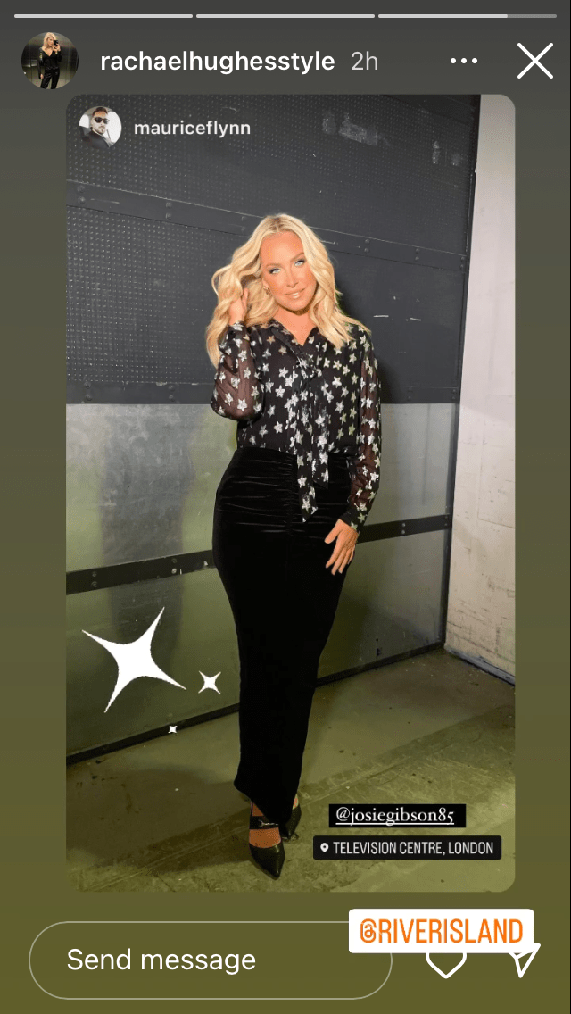 where to get all Josie Gibson This Morning outfits black and silver star tie neck blouse black velvet pencil skirt 20 December 2023 Photo Maurice Flynn