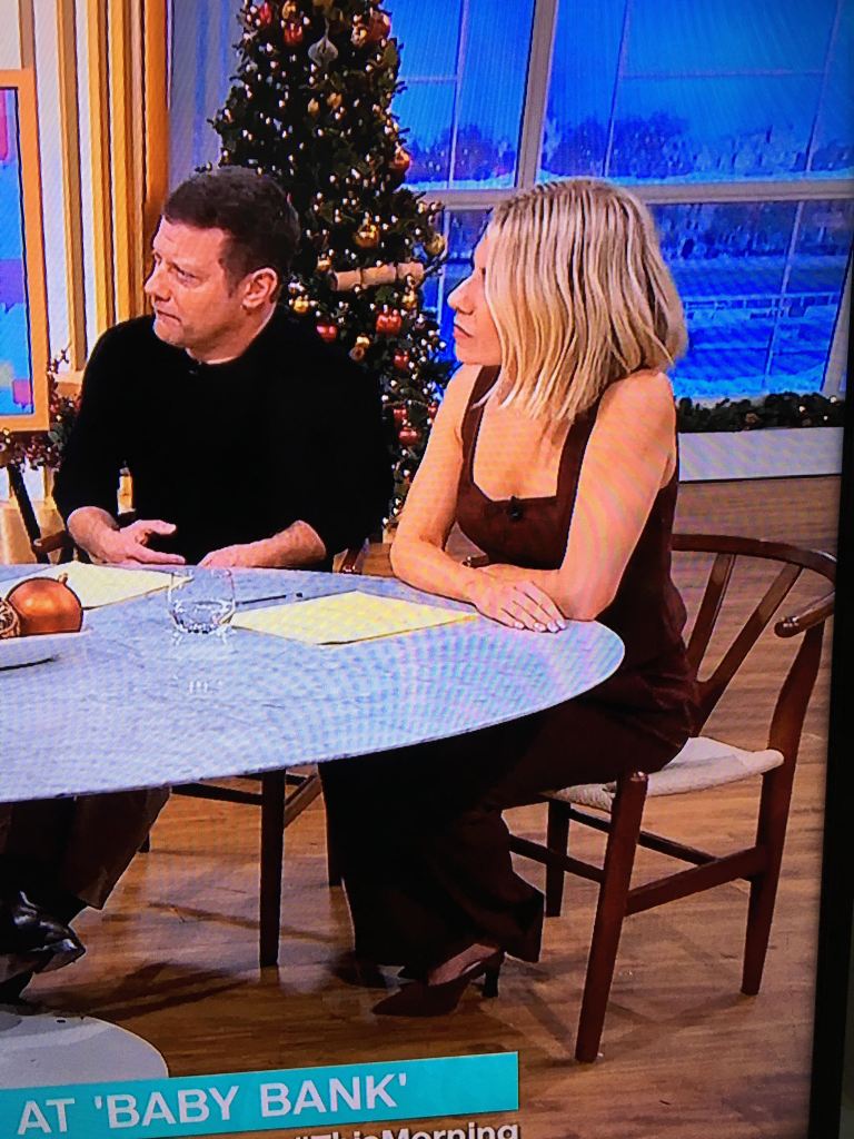 where to get all Mollie King This Morning outfits mahogany brown square neck waistcoat and trousers 12 December 2023 Photo ITV