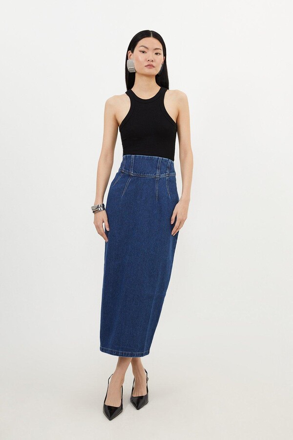 Karen Millen Contrast Stitch Detail Corset Waist Denim Midi Skirt