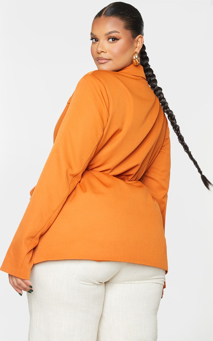 Pretty Little Thing Plus Camel Drawstring Waist Oversized Blazer back view