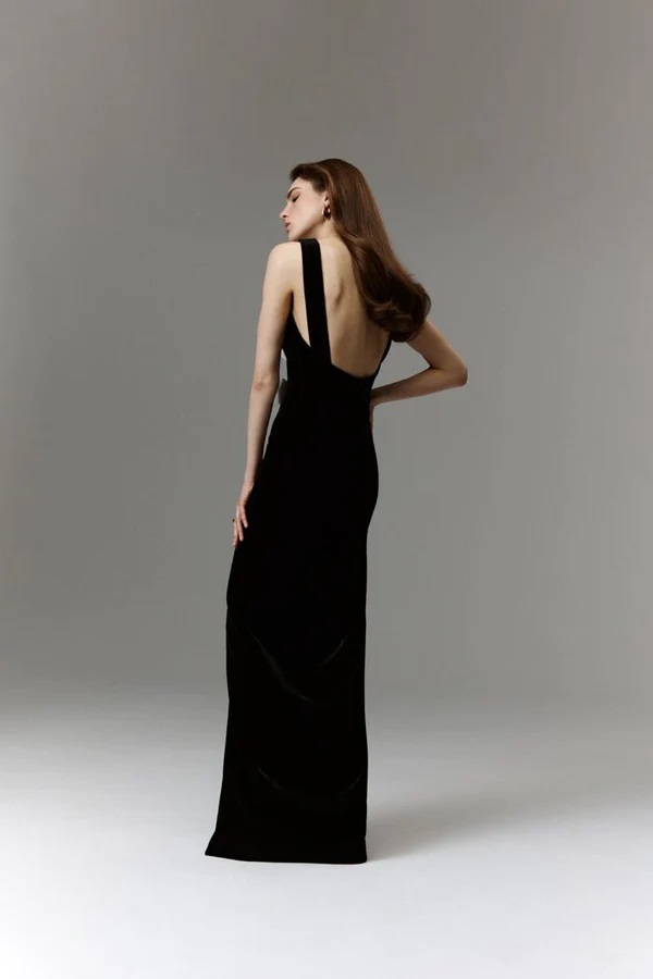 Rasario Velvet Maxi Dress With Bows and Cutouts back view