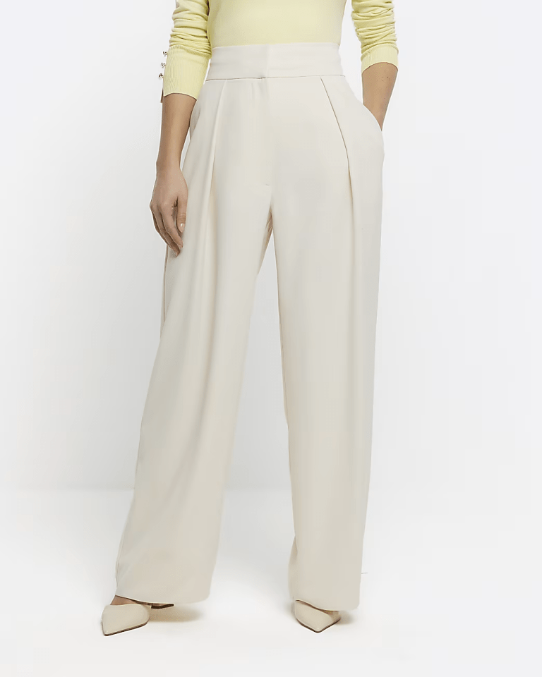 River Island Cream Pleated Wide Leg Trousers