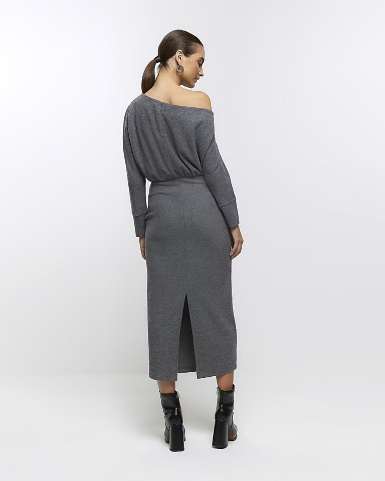 River Island Grey Asymmetric Sweatshirt Maxi Dress back view