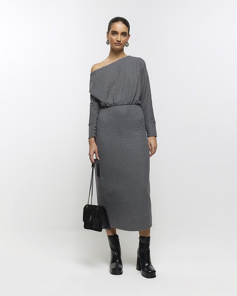 River Island Grey Asymmetric Sweatshirt Maxi Dress