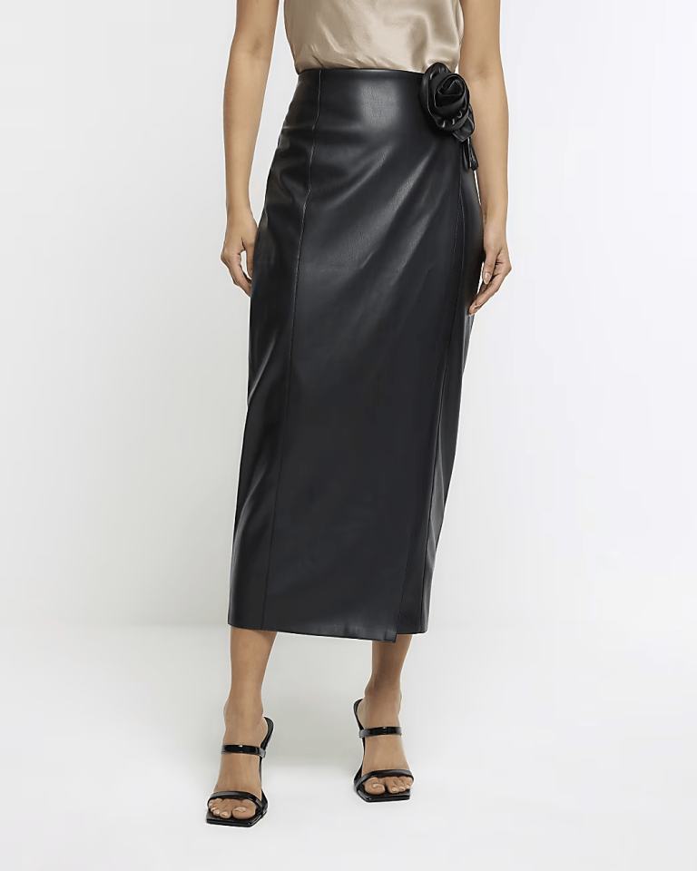 River IslandBlack Faux Leather Corsage Midi Skirt