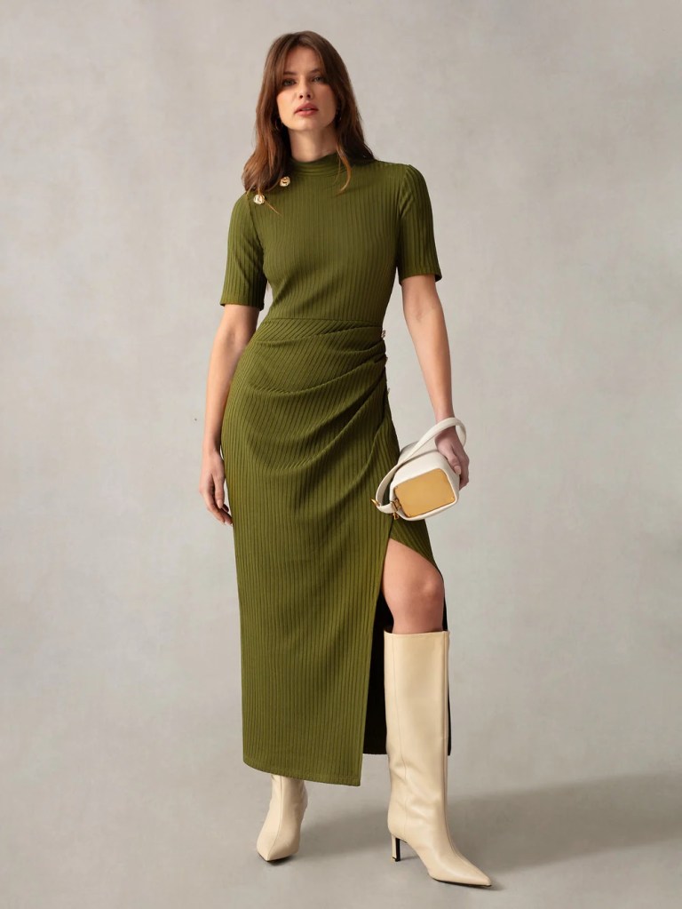 Ro&amp;Zo Khaki Ribbed Split Front Dress