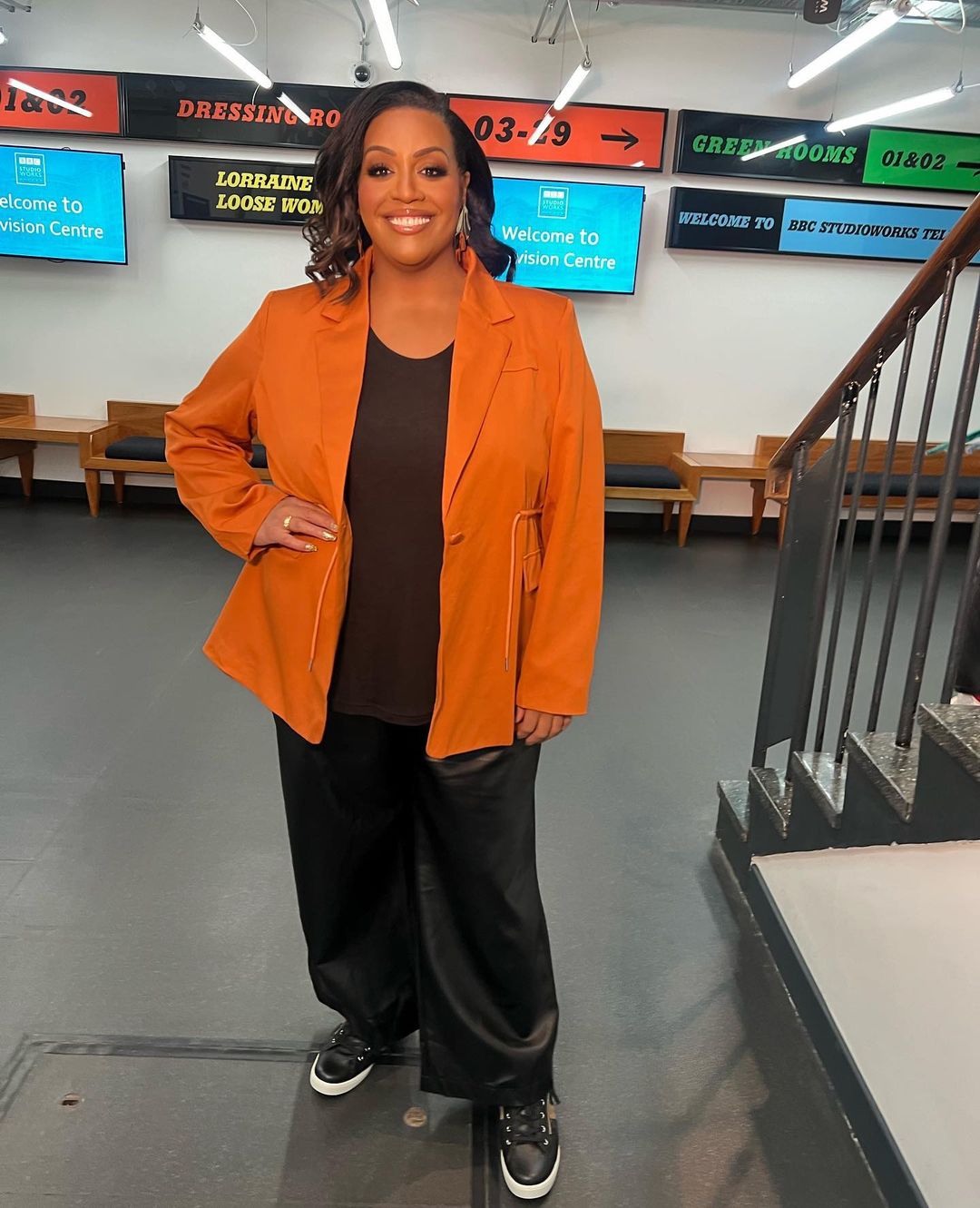 where to get all Alison Hammond This Morning outfits orange drawstring blazer black faux leather trousers 12 January 2024 Photo Rachael Hughes