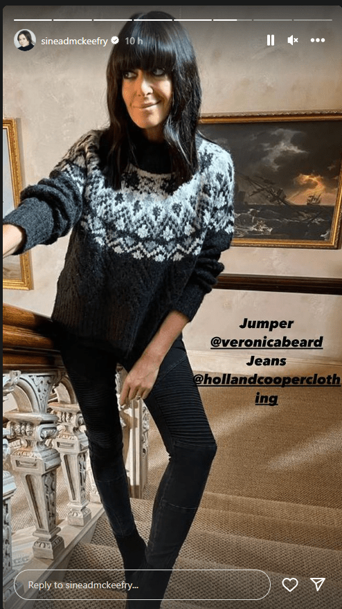 where to get all Claudia Winkleman The Traitors outfits black fair isle jumper black jeasn black suede boots 12 January 2024 photo Sinead McKeefry