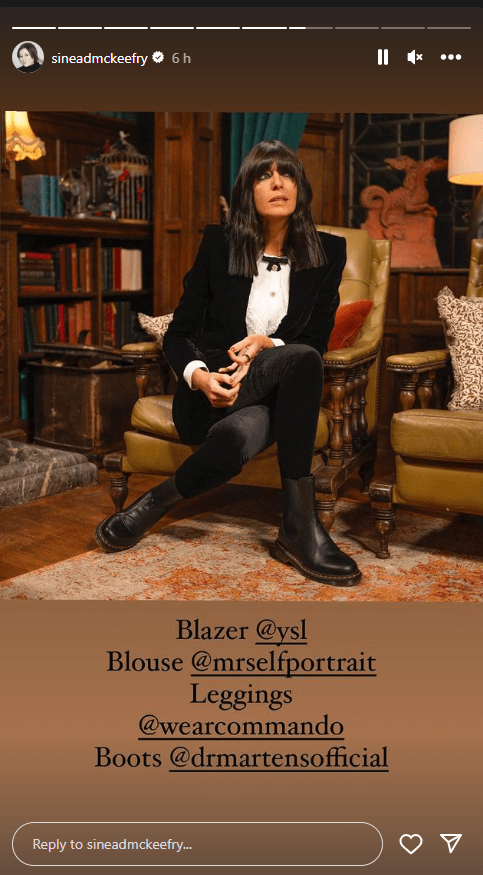 where to get all Claudia Winkleman The Traitors outfits velvet jacket white blouse black leggings black ankle boots 5 January 2024 photo Sinead McKeefry