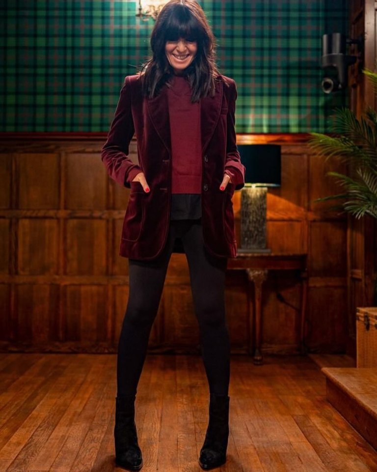 where to get all Claudia Winkleman The Traitors outfits wine velvet blazer wine turtleneck jumper black leggings black ankle boots 18 January 2024 photo Mara Cullara