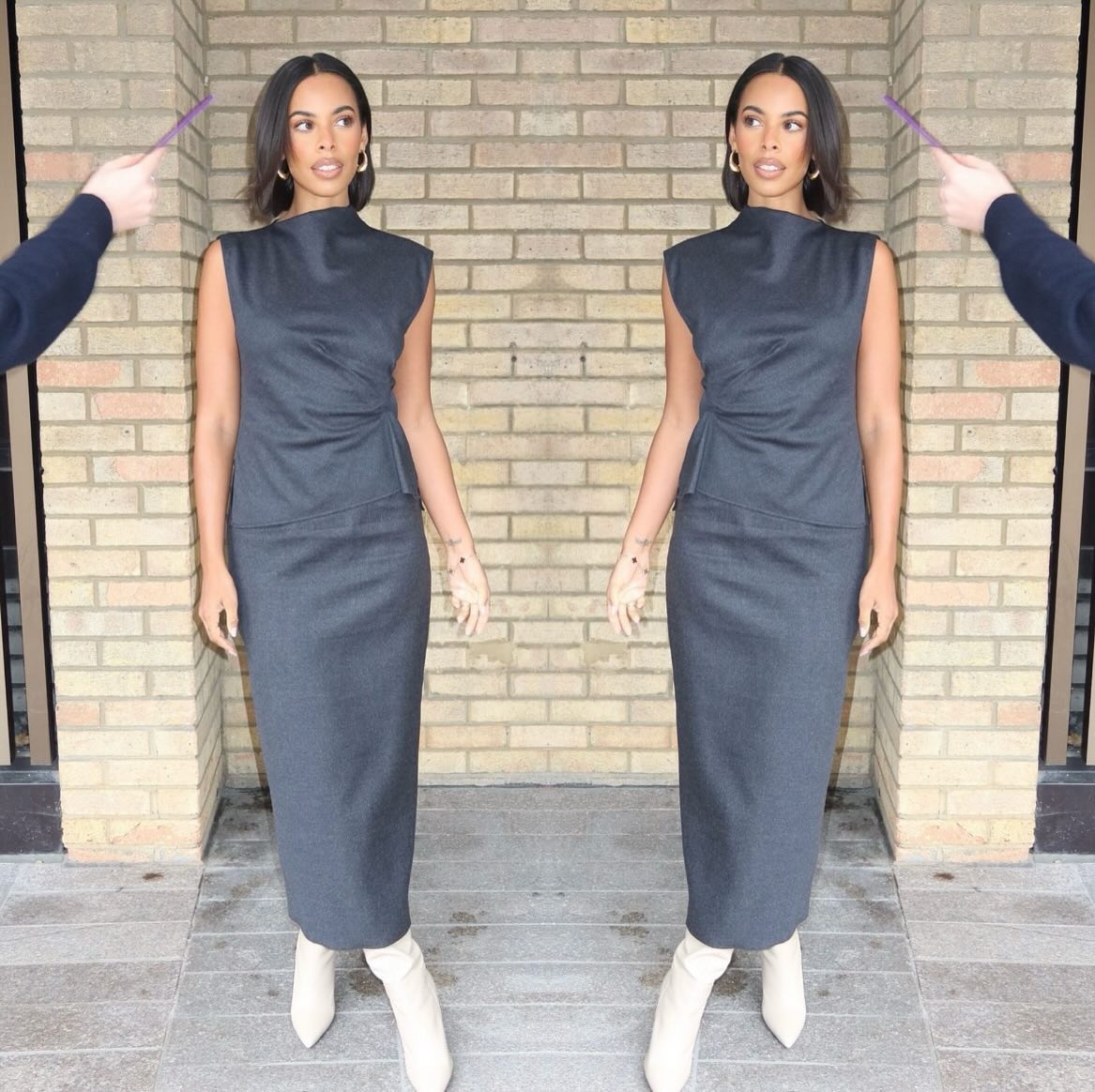 where to get all Rochelle Humes This Morning outfits grey sleeveless top grey pencil skirt cream slouch knee high boots 31 January 2024 Photo Amber Jackson