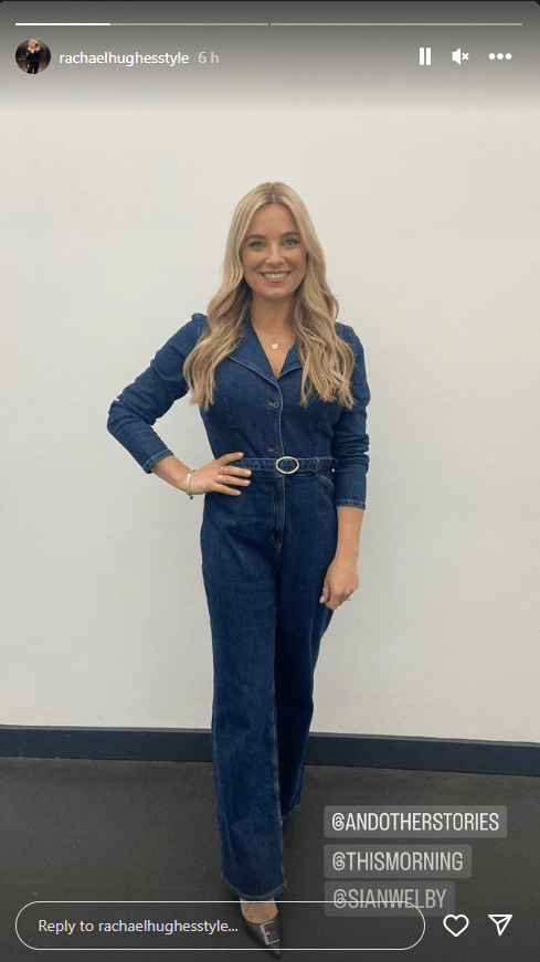 where to get all Sian Welby This Morning outfits blue denim belted jumpsuit 22 January 2024 Photo Rachael Hughes