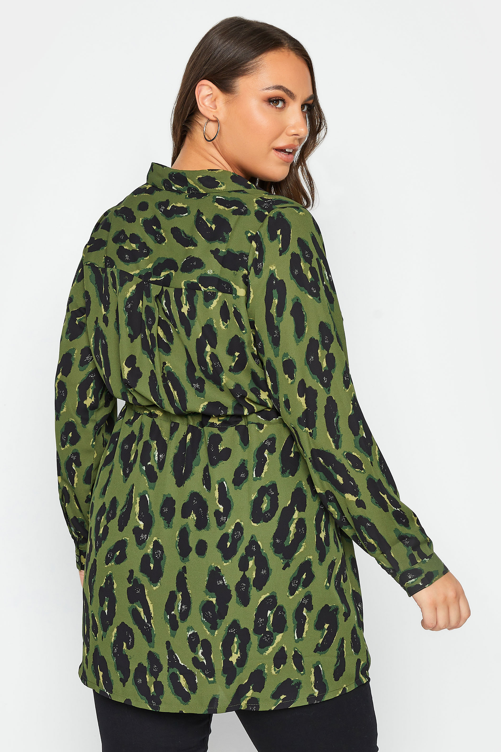 Yours Curve Khaki Green Leopard Print Utility Tunic Shirt back view