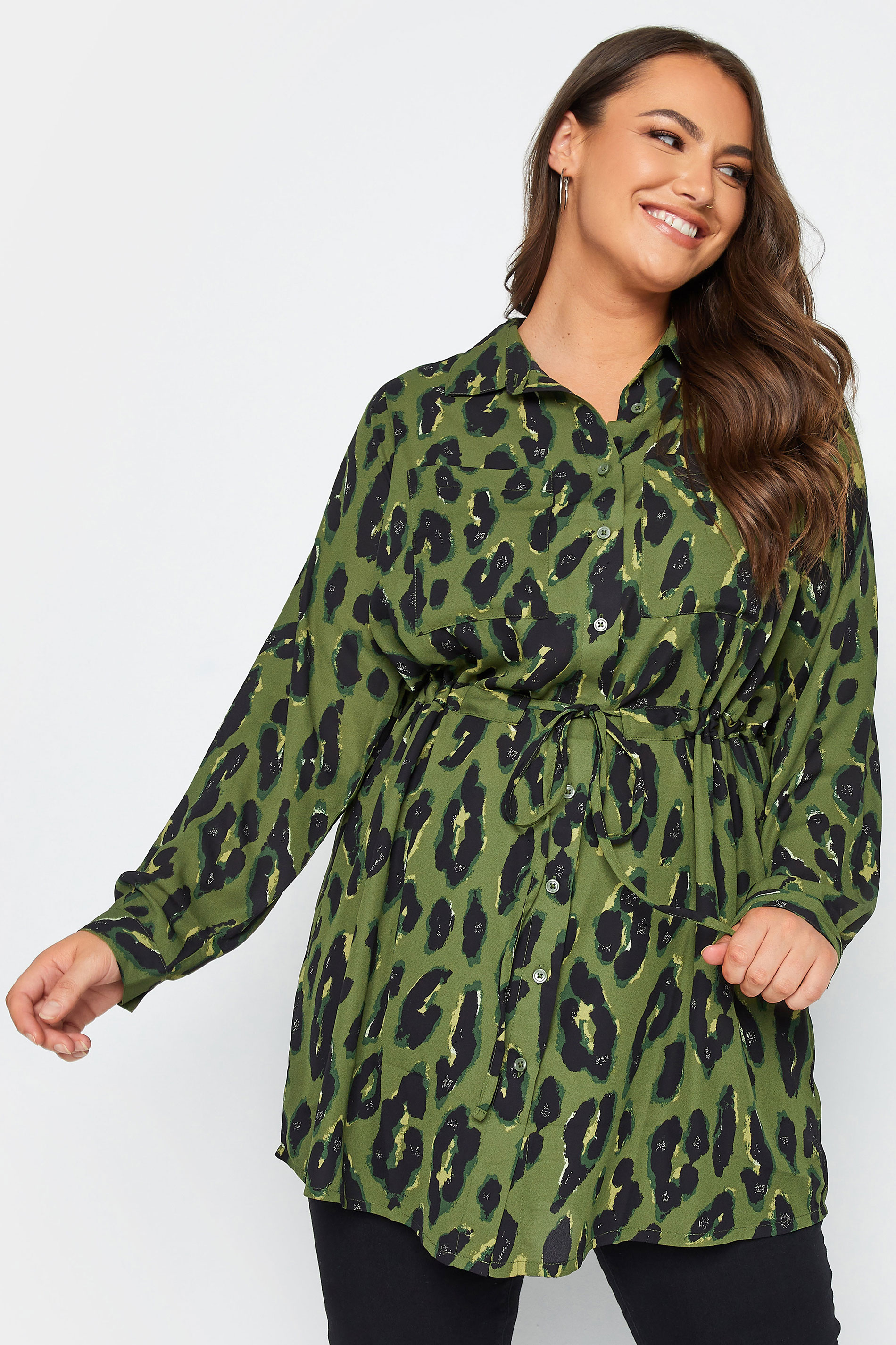 Yours Curve Khaki Green Leopard Print Utility Tunic Shirt