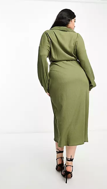 ASOS DESIGN Curve textured collared wrap midi dress in khaki back view