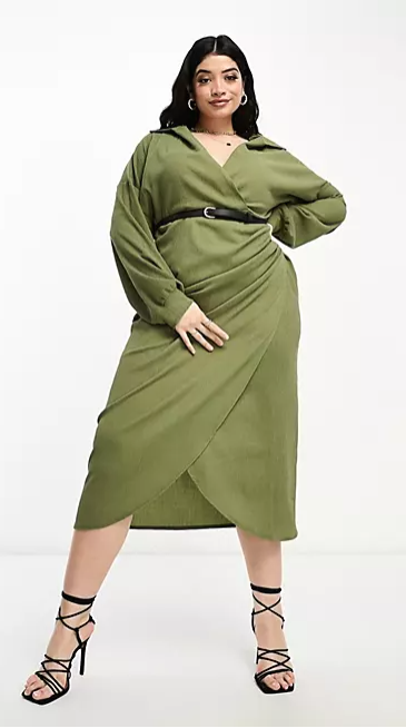 ASOS DESIGN Curve textured collared wrap midi dress in khaki