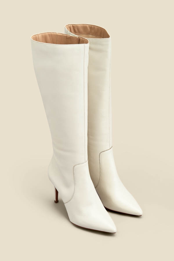 Ecru Leather Stiletto Heel Knee High Boots