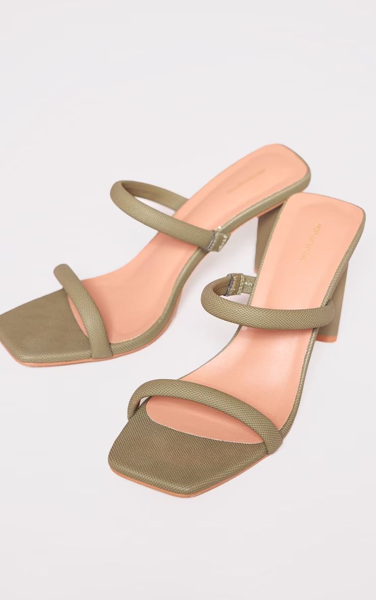 Pretty Little Thing Olive Square Toe Textured Double Strap Heeled Mules