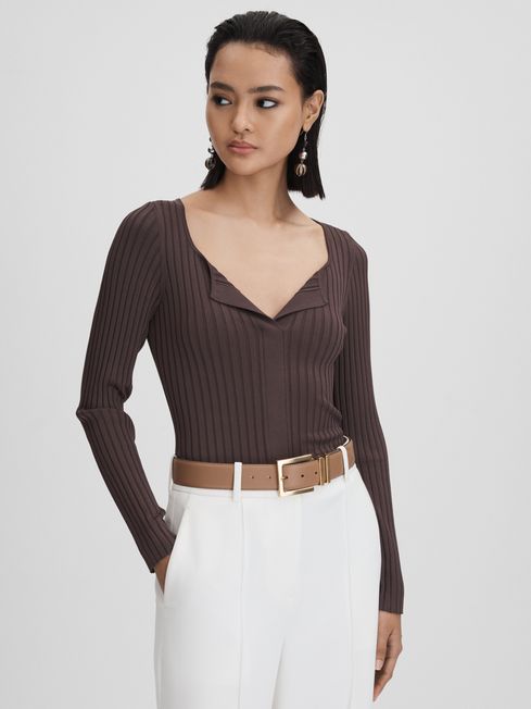 Reiss Monica Ribbed Open Collar Top