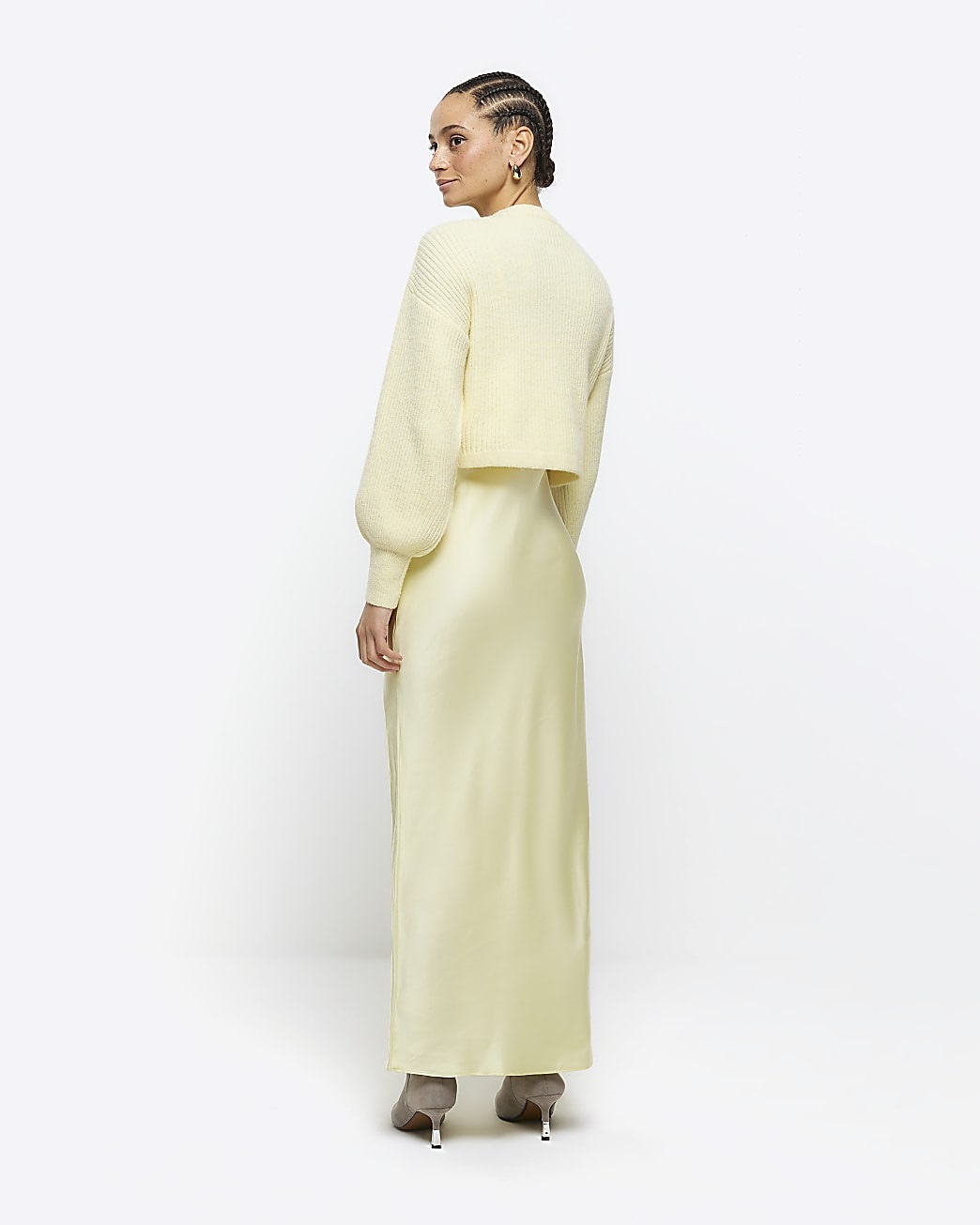 River Island Women's Yellow Satin Hybrid Slip Midi Dress back view