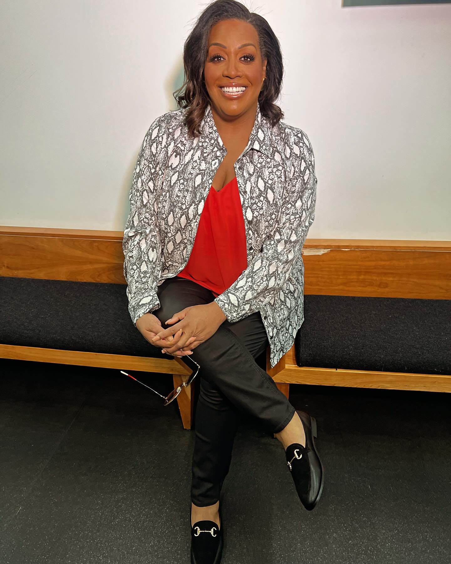 where to get all Alison Hammond This Morning outfits grey snake print shirt red top black skinny trousers 13 February 2024 photo Alison Hammond