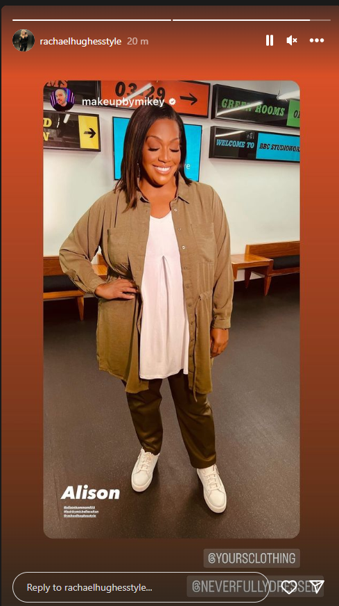 where to get all Alison Hammond This Morning outfits khaki green utility shirt green satin trousers 9 February 2024 Photo Rachael Hughes