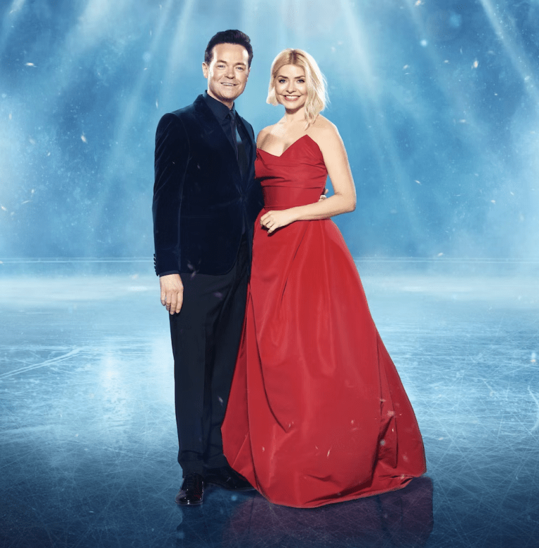 where to get all Holly Willoughby Dancing on Ice dresses red bustier one strap silk satin gown January 2024 promo photo ITV