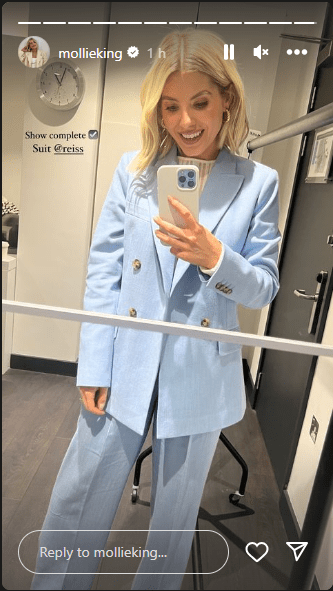 where to get all Mollie King This Morning outfits pastel blue blazer and trousers 5 February 2024 Photo Mollie k