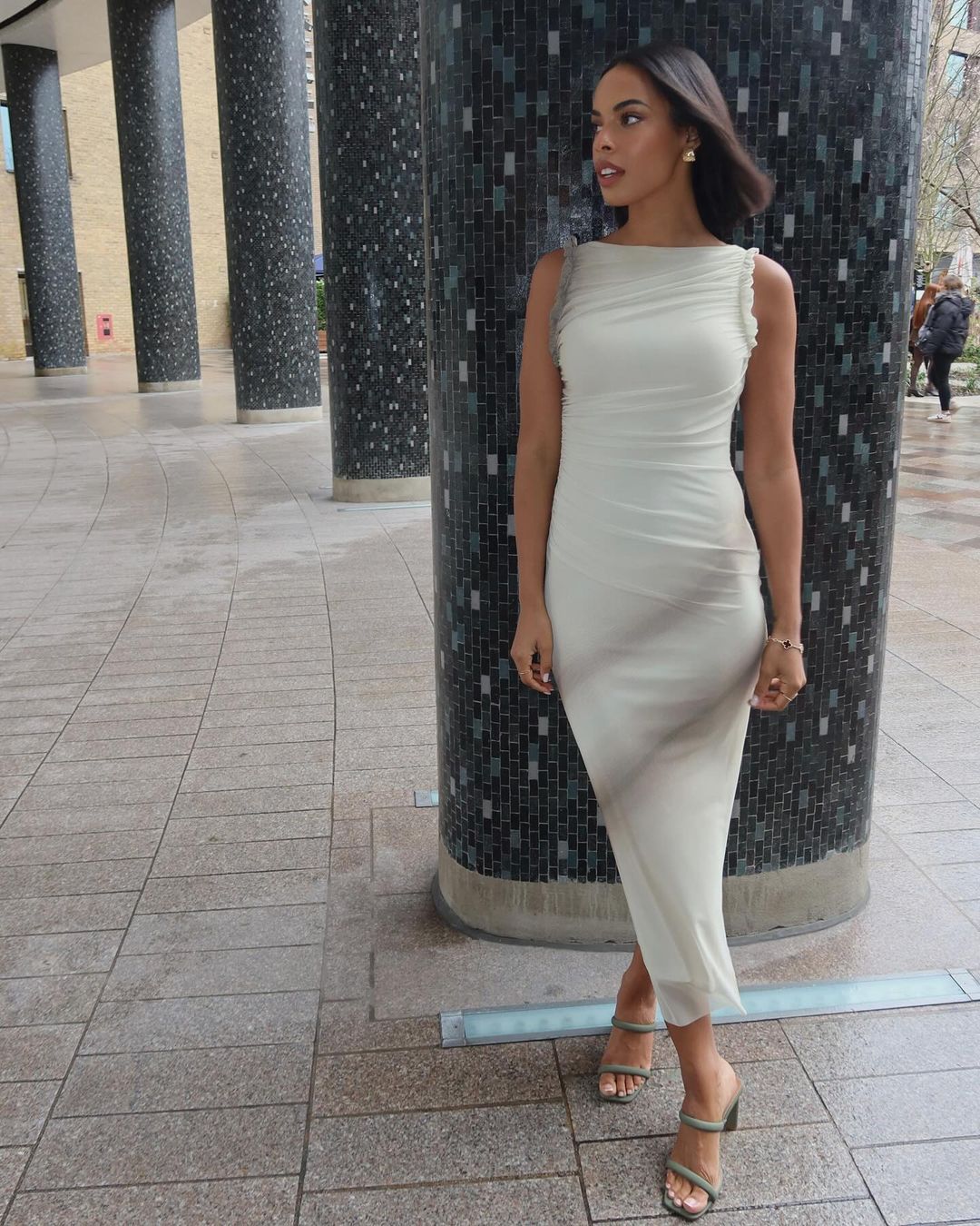 where to get all Rochelle Humes This Morning outfits khaki ruched frill sleeve midi dress green mules 29 February 2024 Photo Amber Jackson