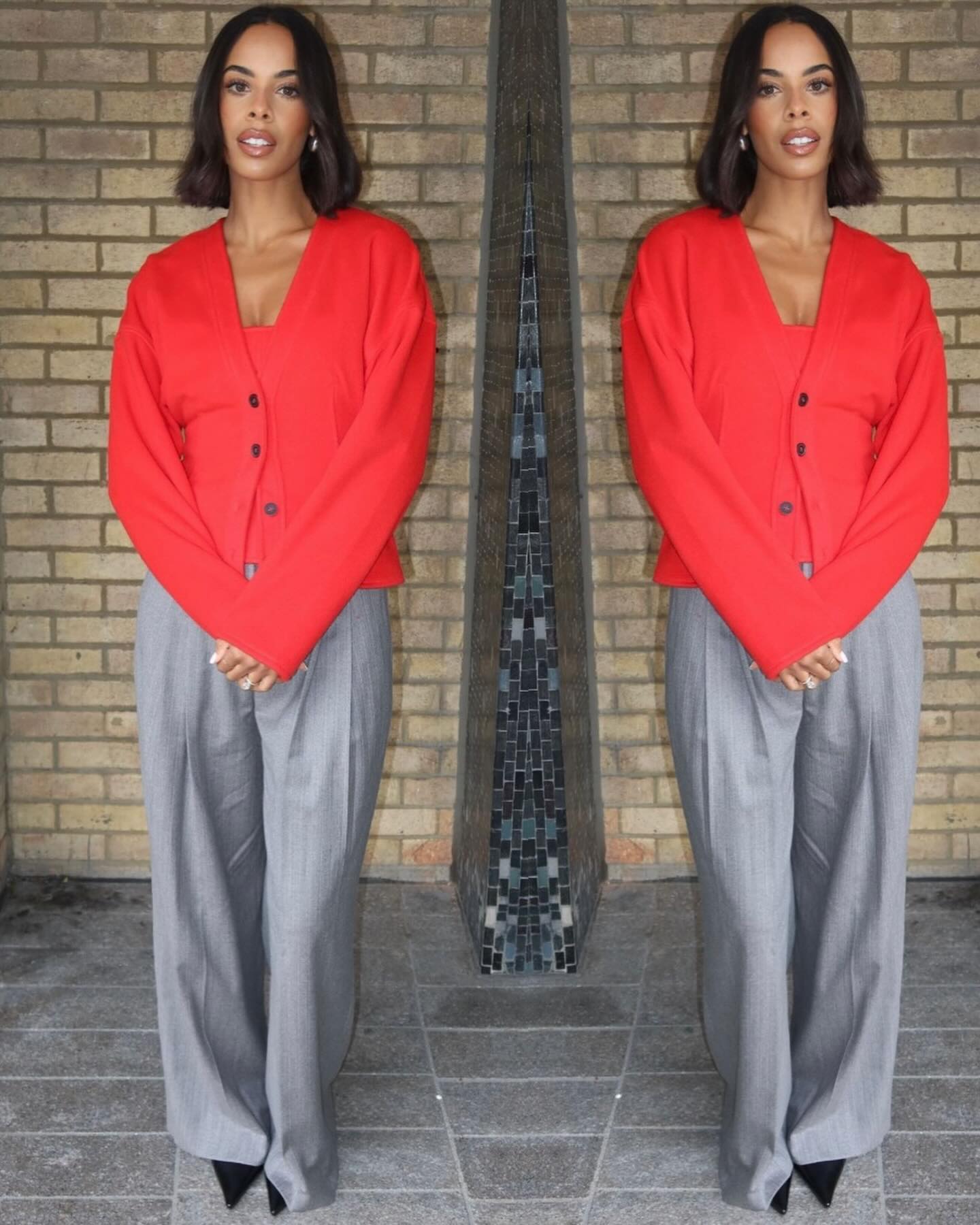 where to get all Rochelle Humes This Morning outfits red cardigan grey trousers black shoes 27 February 2024 Photo Amber Jackson