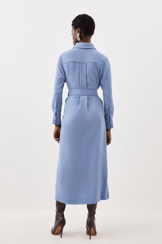 Karen Millen Tailored Crepe Pocket Detail Belted Midi Shirt Dress back view