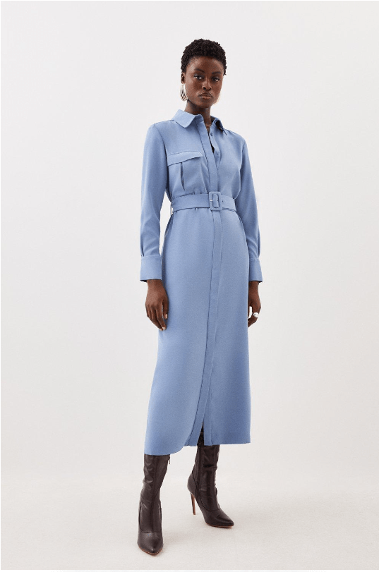 Karen Millen Tailored Crepe Pocket Detail Belted Midi Shirt Dress