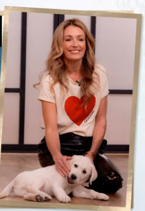 where to get all Cat Deeley this Morning outfits cream heart print La Chamade t-shirt black patent leather trousers 19 March 2024 Photo ITV