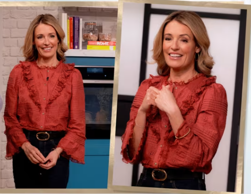 where to get all Cat Deeley this Morning outfits pink embroidered shirt dark bloe jeans black oval buckle belt 14 March 2024 Photo ITV