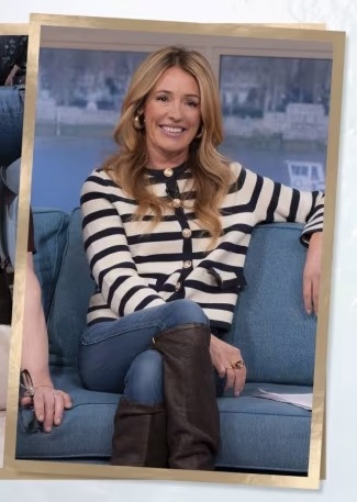 where to get all Cat Deeley this Morning outfits wnavy and white striped cardigan skinny blue jeans 11 March 2024 Photo ITV