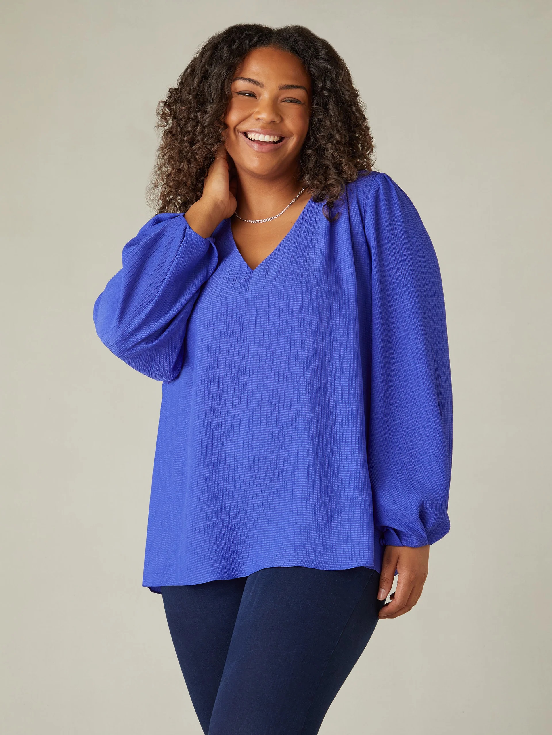 Live Unlimited Blue Textured V-Neck Blouse