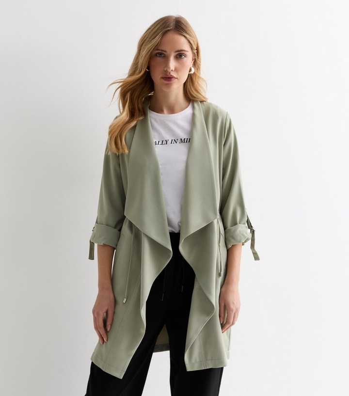 New Look Light Green 34 Sleeve Waterfall Duster Coat