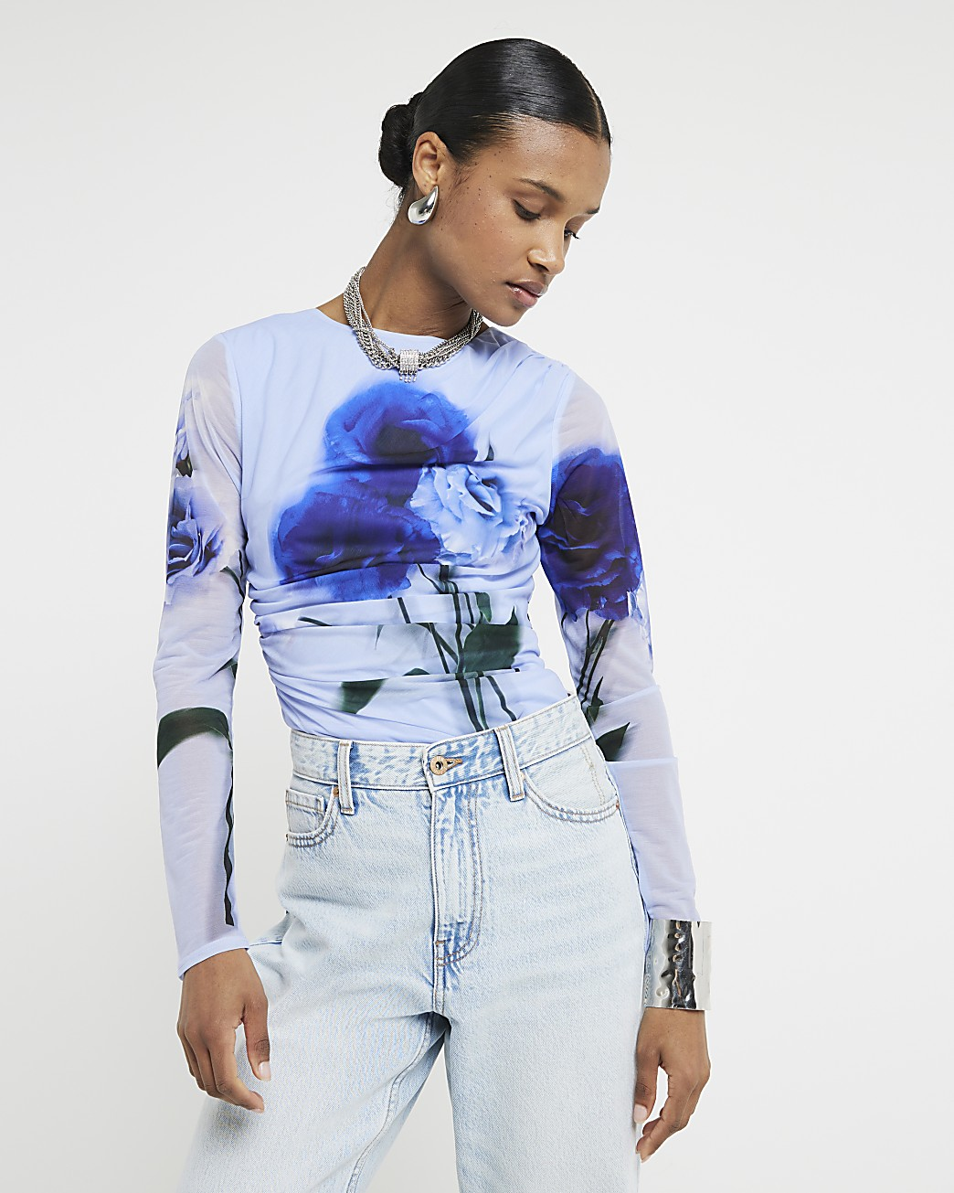 River Island Blue Chiffon Floral Long Sleeve Top